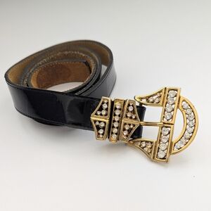 Stylish & Elegant Black Belt w/Embellished Gold & Diamond Colored Rhinestones